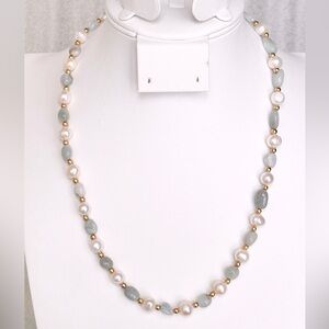 White Freshwater Pearl & Aquamarine Stones 18K GP Necklace